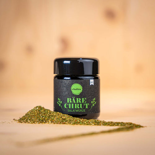 Geschenkset Wildfang Bio-Gewürzmischungen Bärechrut Salatgewürz im Mironglas mit Kräutermischung.