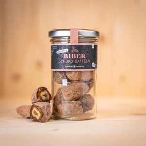 BIBER - biologische Lebkuchen Schoko-Datteln im Glas mit Schoko-überzogenem Datteln sichtbar.