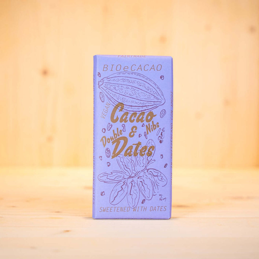 BioeCacao Schweizer BIO Dattelschokolade Tafel Cacao & Double Dates Cacao Nibs Tafel 90 g