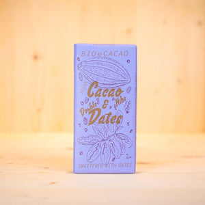 BioeCacao Schweizer BIO Dattelschokolade Tafel Cacao & Double Dates Cacao Nibs Tafel 90 g