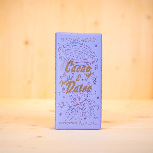 BioeCacao Schweizer BIO Dattelschokolade Tafel Cacao & Double Dates Cacao Nibs Tafel 90 g