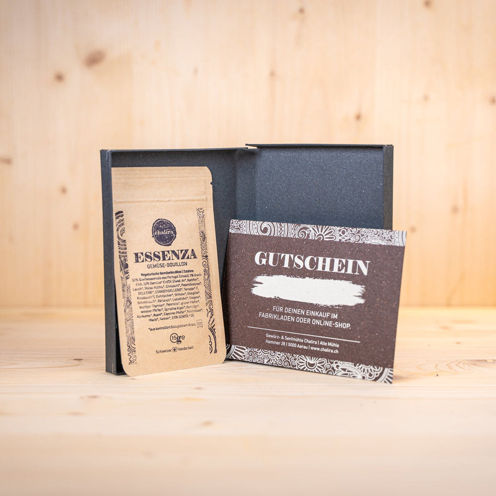 Geschenk-Gutschein mit Gewürzprobe in Kartonbox