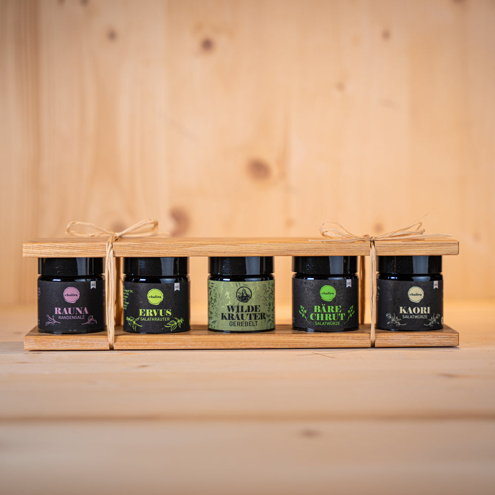 Geschenkset Wildfang Bio-Gewürzmischungen in Mironglas mit Holzset aus Schweizer Handarbeit