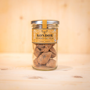 KONDOR  BIO Schoko Datteln im Glas mit Sukkary Datteln eingehüllt in aromatischen Chuncho Kakao.