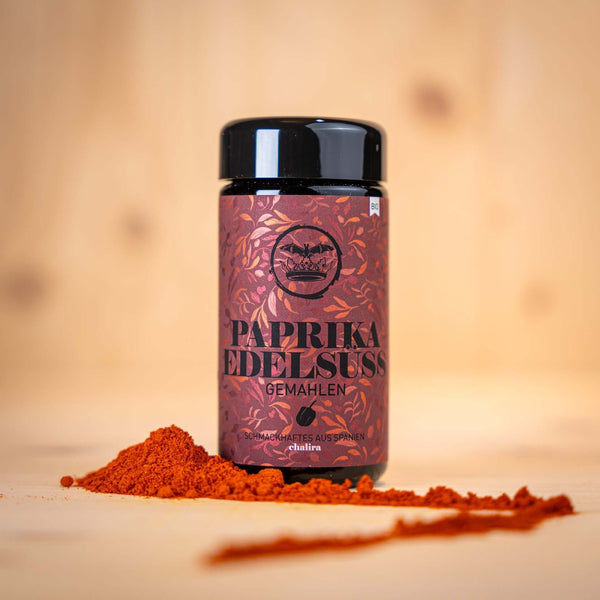 PAPRIKA "EDELSÜSS" gemahlen - aus Spanien BIO in einer Glasdose mit Paprikapulver.