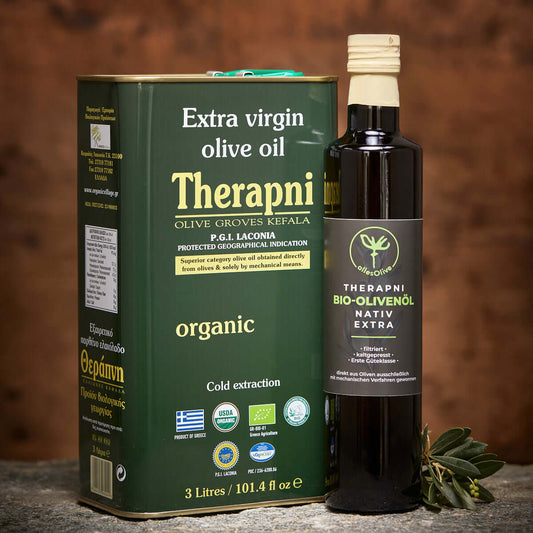 Olivenöl Therapni Bio Kanister und Glasflasche